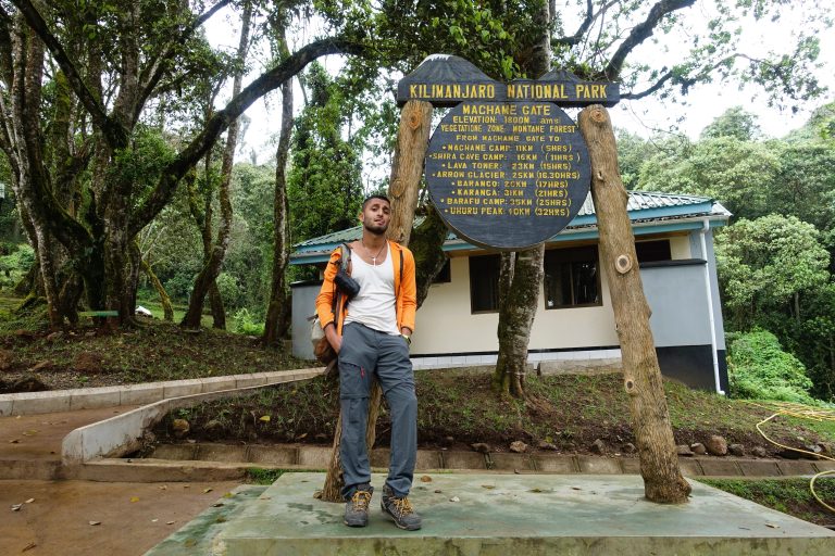 Arrival at Machame Gate, where my trek began! Confidently underdressed.