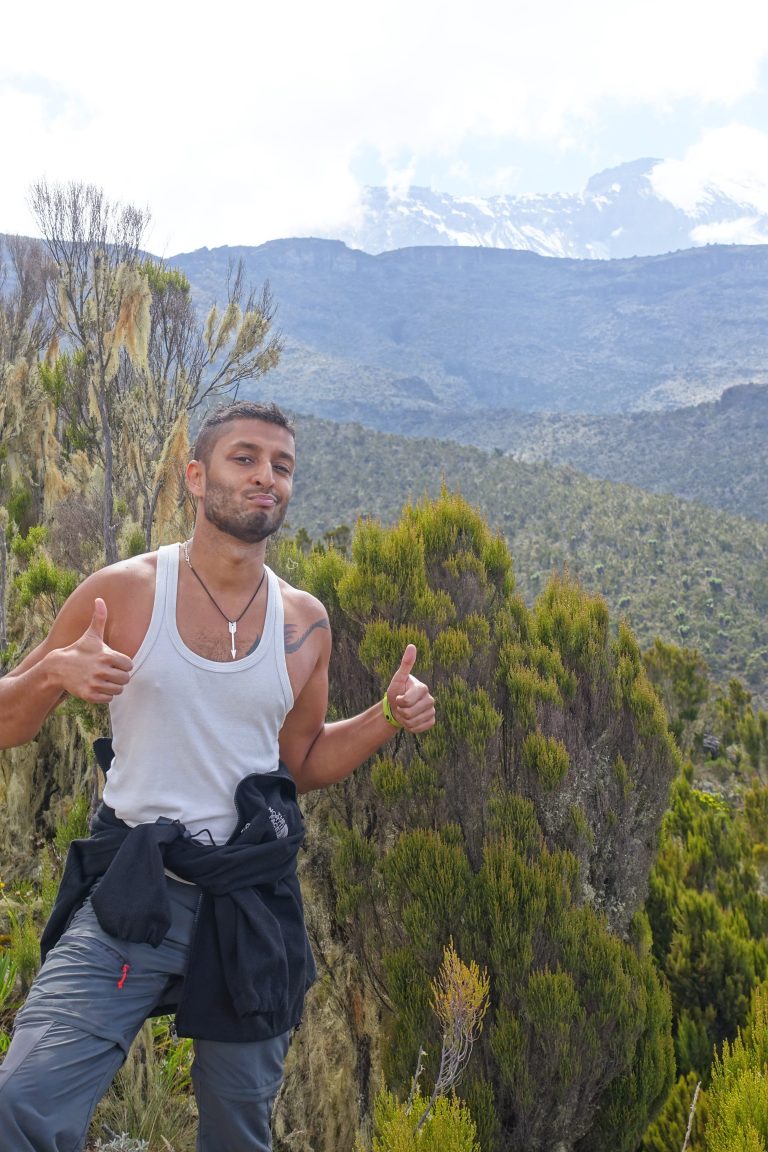 First glimpse of Kili's peak, and last glimpse of me in singlet (it was COLD af from hereon out)