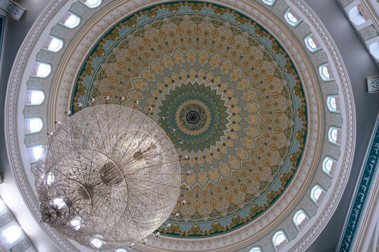 Gorgeous ceiling + chandelier in the mosque.