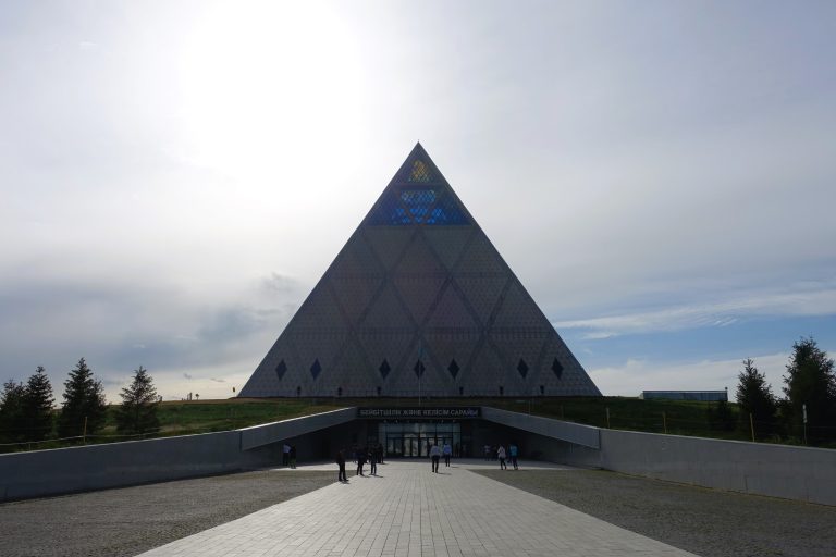 So there are two Norman Foster-designed buildings in Astana. One was the Khan Shatyr shopping mall that we've already seen. The other is this, the Palace of Peace and Reconciliation, over the road from the mosque and the independence monuments.