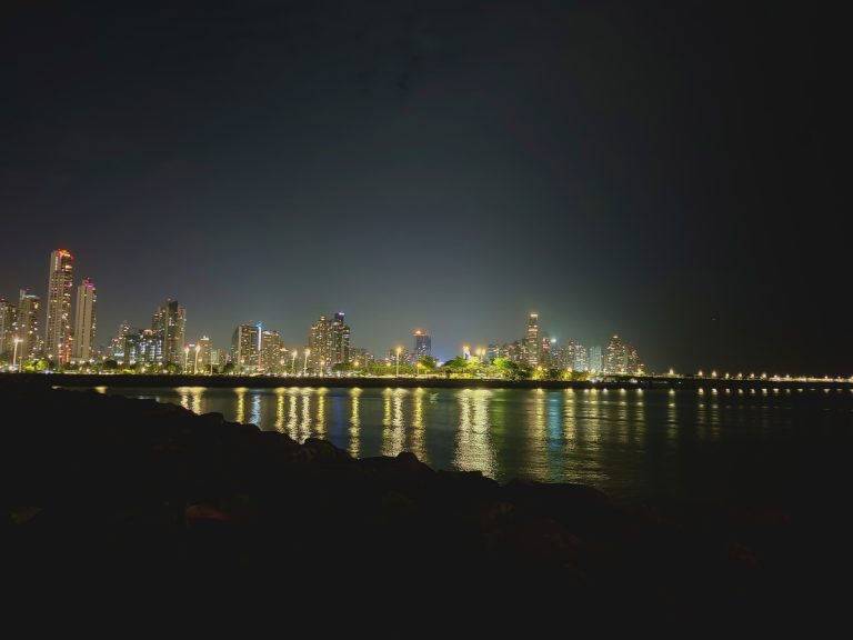 A night view of the towers from within Casco Viejo.