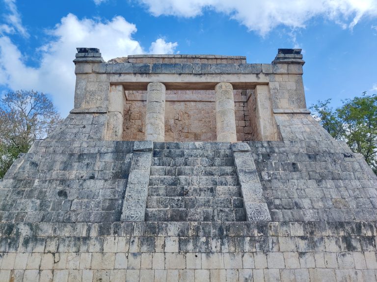 The temple at one end of the ball court. (Ritual sacrifice was part of the game, which is why I guess they needed this?!)