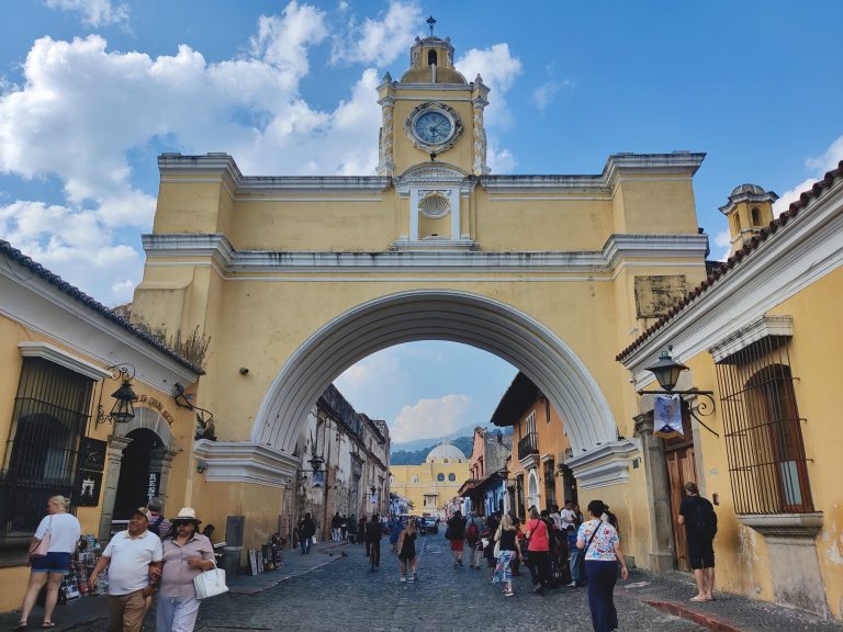 And here it is. Santa Catalina Arch. Wiki: ' Built in the 17th century, it originally connected the Santa Catalina convent to a school, allowing the cloistered nuns to pass from one building to the other without going out on the street. A clock on top was added in the era of the Central American Federation, in the 1830s."