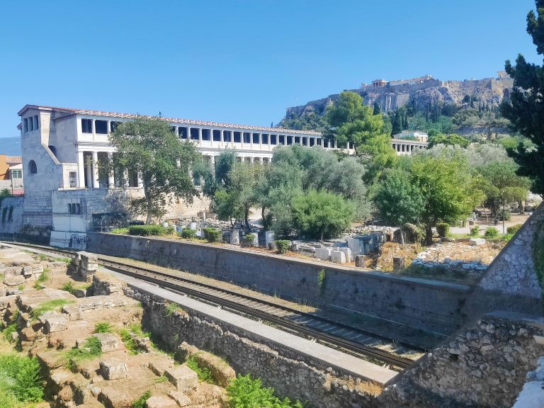 More ancient agora ruins, with the Stoa of Attalos / Museum of the Ancient Agora in the background I think.
