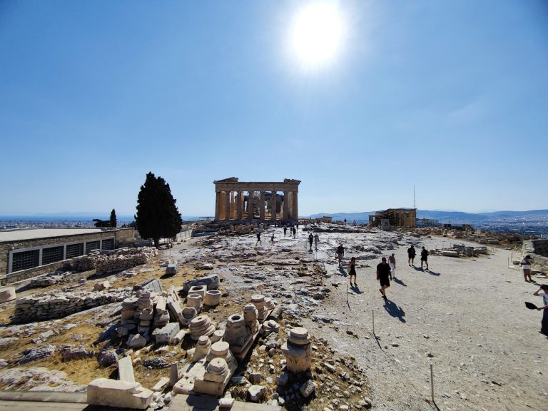 A look at the Acropolis complex from the very end of the hill, by the museum and Temple of Rome & Augustus ruins.