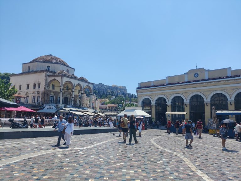 Monastiraki Square, a meeting point, transport hub, and city square in Athens, flanked by a Byzantine church!