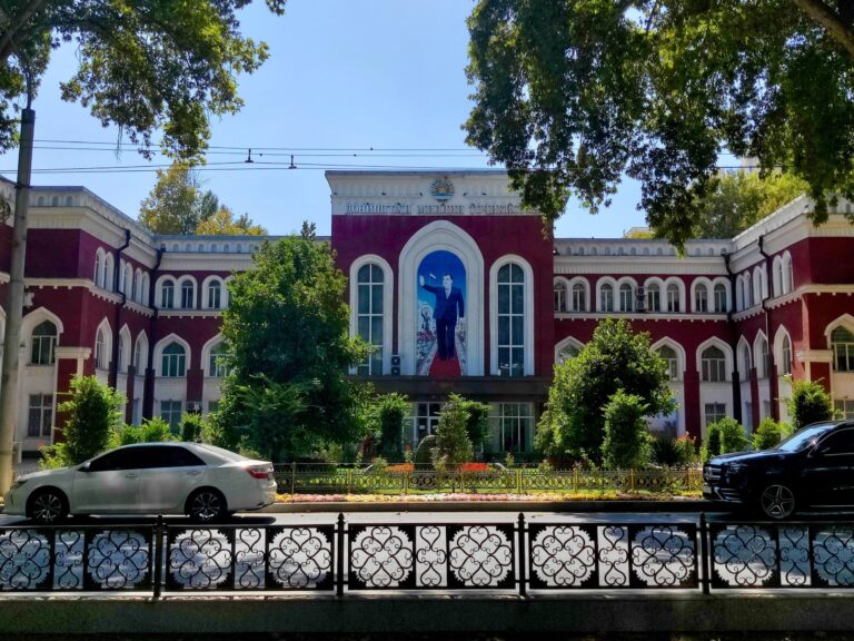 Tajik National University, adorned with an image of the authoritarian leader Emomali Rahmon. He's responsible for a personality cult that sees his image plastered absolutely EVERYWHERE, no matter how remote or insignificant. I got tired of seeing his stupid mug after about five mins of walking around, so I think this is one of the only examples of a very VERY visible mainstay of Tajik life.