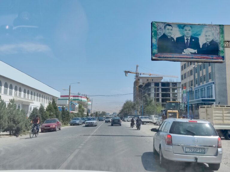 I think this may have been the city of Kulob, where we stopped for lunch (the only decent veggie lunch of the entire trip, alas). That damn president greeting us upon arrival.