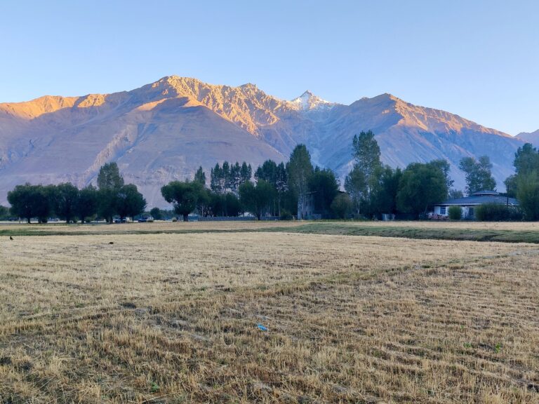 The village is mostly farmland flanked by some gargantuan mountains.