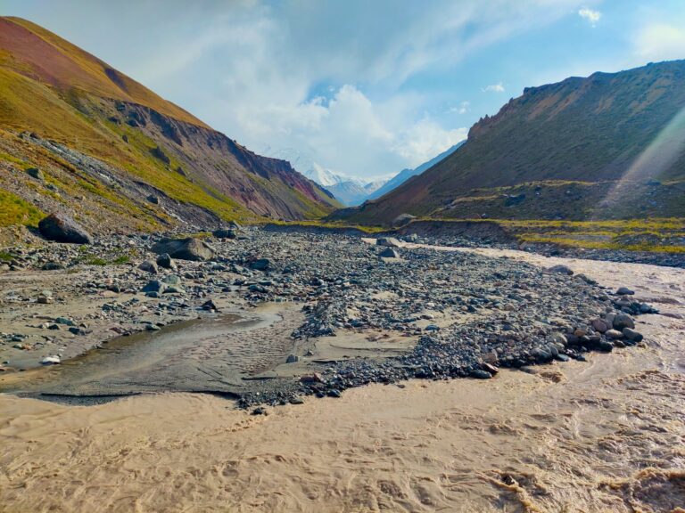 I think that's Lenin Peak in the distance there. Trying to navigate the water to get there was fun!